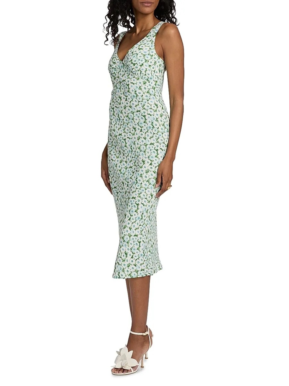 Reformation White & Green Floral V-Neck Midi Dress